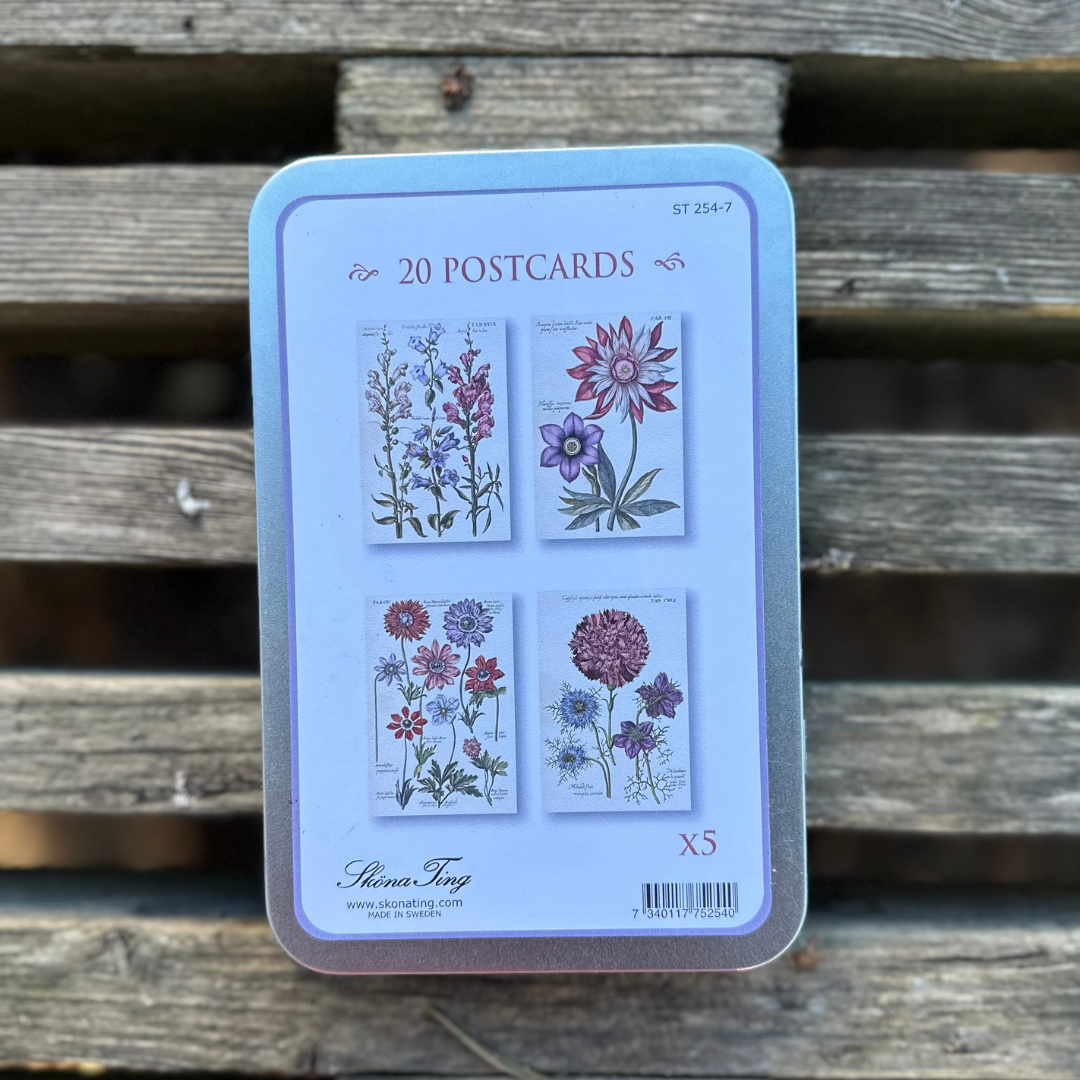 20 stk. postkort med vintage blomster - i fin metal æske
